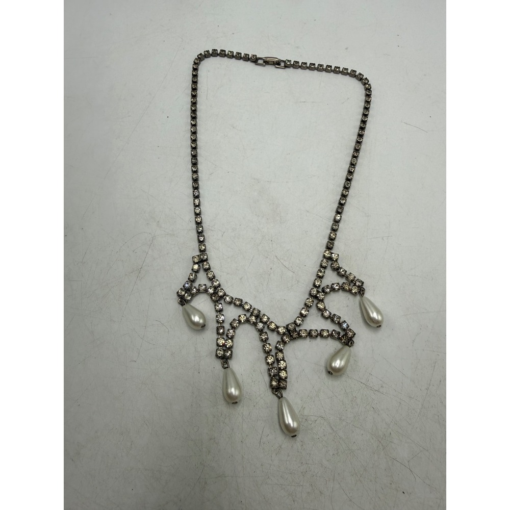Vintage Rhinestone Faux Pearl Festoon Choker Necklace Silver Tone Bridal 15in